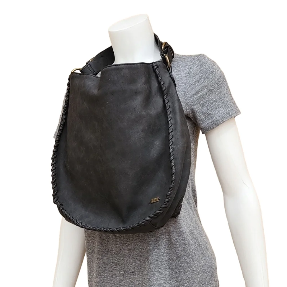 ELLE JAE GYPSET ANTHRO Black Whipstitch Studded Hobo Shoulder Bag Purse Vegan